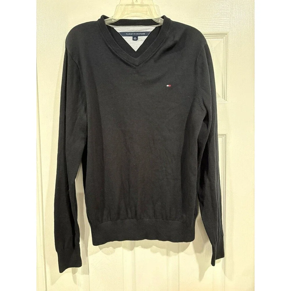 Tommy Hilfiger Men’s Small Black V-Neck Sweater Cotton Flag Logo Pullover